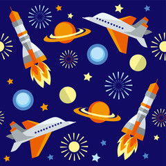 Colorful seamless pattern with spaceship, rocket, space background, stars, moon, saturn, planet in flat style. Endless texture, background. Vector illustration