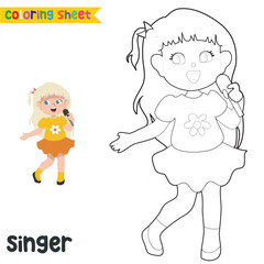 Easy coloring worksheet for children. Kid’s dream job. Coloring a cute singer girl singing happily. Preschool activity sheet. Kawaii vector illustration file.