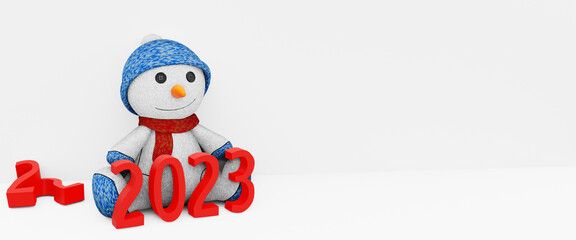 NEW YEAR, SNOWMAN WITH 2023 NUMBER ON ISOLATED WHITE BACKGROUND