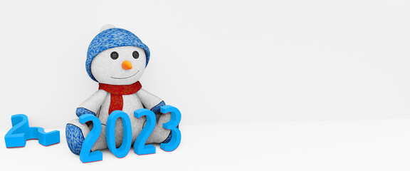 NEW YEAR, SNOWMAN WITH 2023 NUMBER ON ISOLATED WHITE BACKGROUND