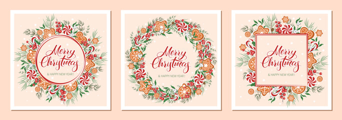 Set cards Merry Christmas and happy new year. Background decorated with different winter plants, cookies and sweets. Vector illustration