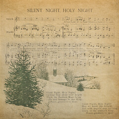 Christmas carol. Grungy paper. Old music sheet Silent Night