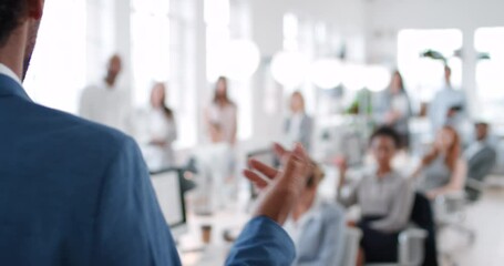 Management presentation, seminar and business people in a meeting, strategy workshop and company discussion. Team conversation, training and hand of manager speaking, coaching and giving lecture