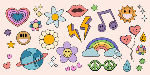 Set of Vintage Groovy elements and characters. Y2K Cute Flower Stickers. Pop Art Happy Positive Vector Patches.