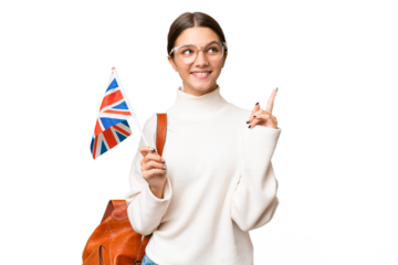 Teenager student caucasian girl holding an United Kingdom flag over isolated background pointing up a great idea