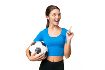 Teenager caucasian girl playing football over isolated background intending to realizes the solution while lifting a finger up