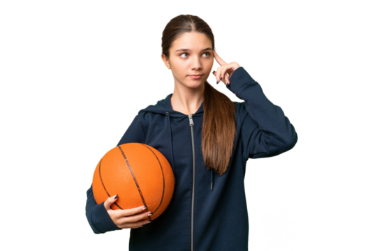 Teenager caucasian girl playing basketball over isolated background having doubts and thinking - Powered by Adobe
