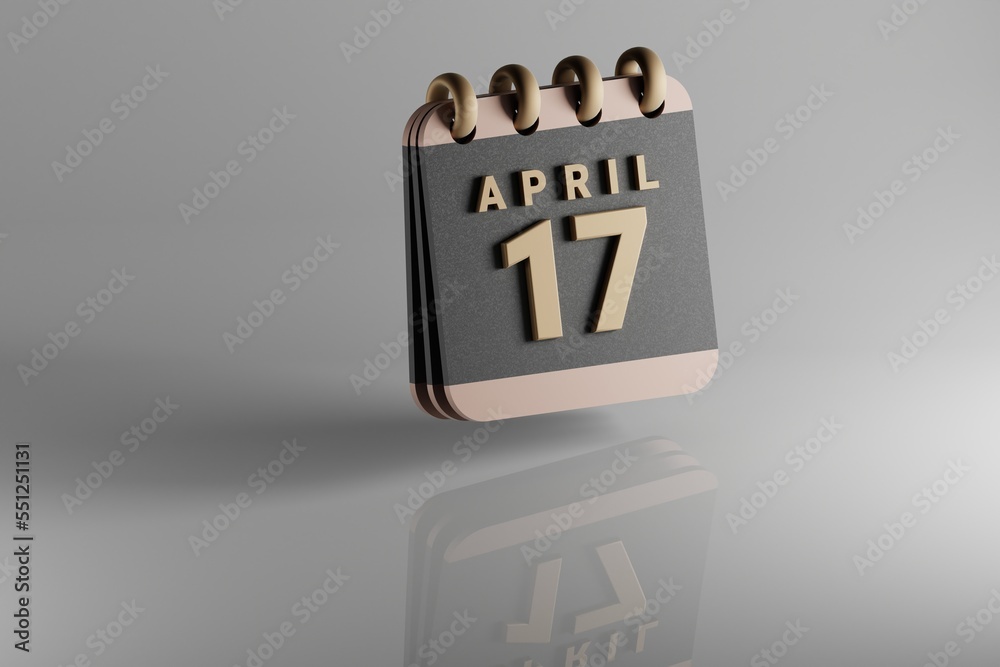 Poster Standing black and golden month lined desk calendar with date April 17. Modern design with golden elements, 3d rendering illustration. White ceramic reflection background...