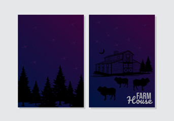 farmhouse silhouette illustration book cover set. nighttime theme background with silhouettes of houses, cows, fir trees. A4 size for children's books, notebooks, catalogs, story books, novels
