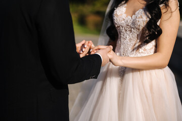 Fototapeta na wymiar Middle celection of groom and bride take each other's hands outdoors. Wedding concept