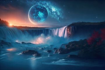 Fantastic night view of the waterfall. High sky with a scattering of stars and a large moon. Digital art