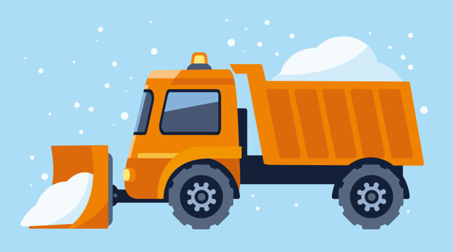 Snow plow truck cleaning road removing snow in a flat style on blue background. Vector illustration in cartoon style. 