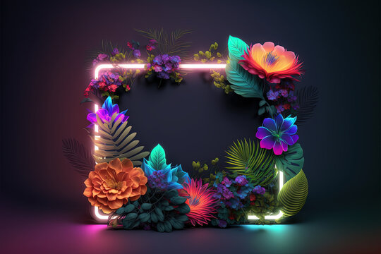 Large exotic flowers and neon light frame. Exotic botanical design for cosmetics, spa, perfume, beauty salon, travel agency, florist shop.