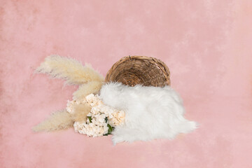 Newborn digital background with bohemian ratan basket, large pampas, hydrangea, fluffy white fur...