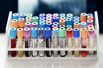 blood tubes in tray in workbench of the laboratory. rack with tubes blood samples from patients for...