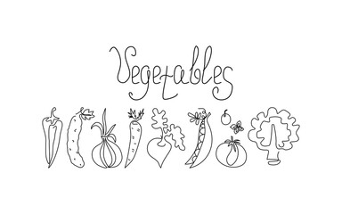Set of vegetables in the style of line art. Vegetarian food. One line drawing. Vector graphics. Isolated background.