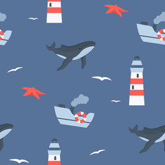 cute kids seamless pattern with lighthouse, whale, ship and starfish - obrazy, fototapety, plakaty