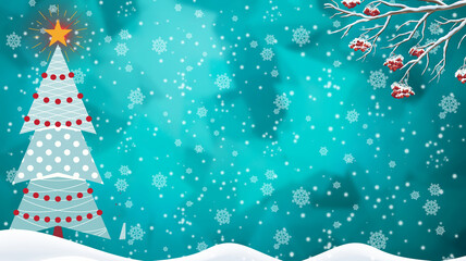 Blue cartoon christmas tree made of three triangles with red and white ornaments with snowy tree branch of red christmas flowers on white snow flakes background, empty space for message