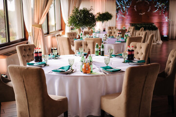 Served table in beautiful wooden restaurant. Wedding concept