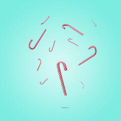 Candy canes levitating in the air on a turquoise background. Christmas minimal concept for new year gift card