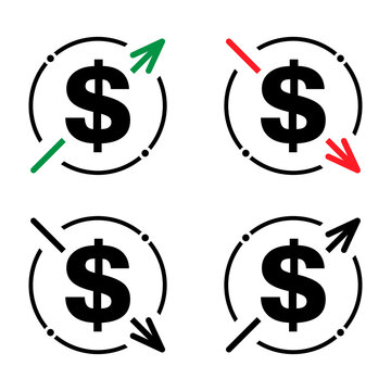 Set of cost symbol dollar increase and decrease icon. Money vector symbol isolated on background