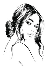 fashion illustration of stylish attractive woman with romantic hairstyle