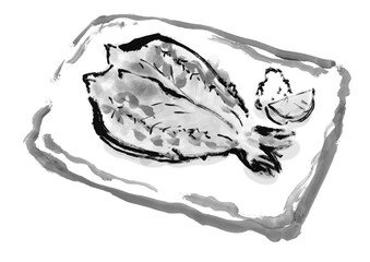 ほっけの手描き和風イラスト素材　モノクロ