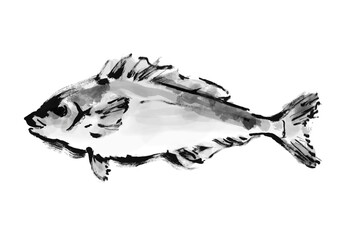 ほっけの手描き和風イラスト素材　白黒,モノクロ,単色, © 詩織