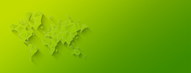 World map shape made of polygons. 3D illustration on a green background. Horizontal banner