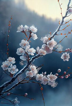 plum blossom pink floral on blurry pale blue background