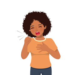 Sick young African woman coughing because of cold, fever, bronchitis, asthma, allergy and respiratory diseases symptoms 