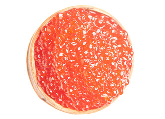 delicious red caviar in wooden bowl isolated on white background.