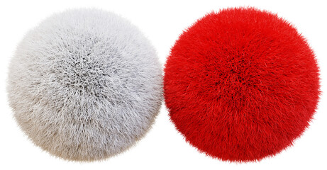 White and red color Pom Pom fur isolated on PNG Transparent background