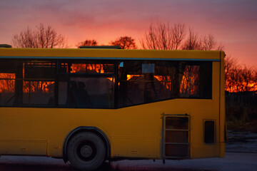 A yellow bus Ikarus at sunset close-up