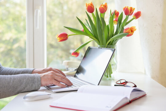 Hands Of A Woman Typing On A Laptop Computer On A White Desk With Flower Decoration By The Window, Home Office Business, Copy Space, Selected Focus, Narrow Depth Of Field