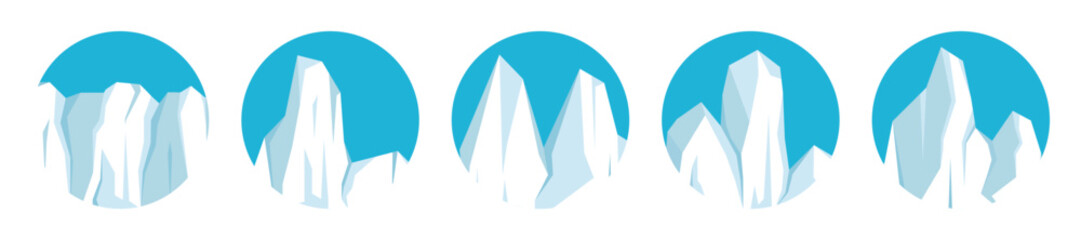 Floating icebergs collection. Drifting arctic glacier, block of frozen ocean water. Icy mountains with snow. Melting ice peak. Antarctic snowy landscape. South and North Pole. Vector illustration.