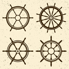 Collection of grunge vintage steering wheels. Ship, yacht retro wheel symbol. Nautical rudder icon. Marine design element. Vector illustration
