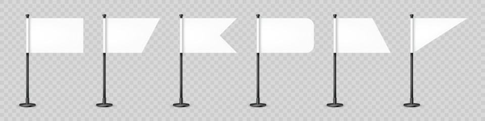 Realistic various table flags on a steel pole. Blank white desk flag made of paper or fabric. Black metal stand. Mockup for promotion and advertising. Vector illustration