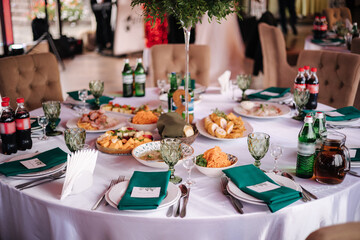 Served table in beautiful wooden restaurant. Wedding concept