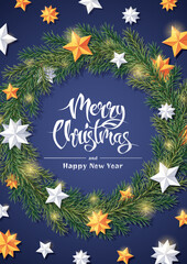 Christmas card with a wreath of fir branches decorated with gold and white stars. Festive poster, banner, flyer with a beautiful New Year's decor on a blue background.