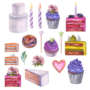 A set of watercolor cakes collection. Hand-drawn watercolor illustration. Isolated on a white background. Decorated desserts for design, menus, weddings, recipes