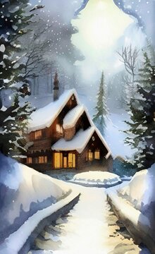 Digital watercolor painting winter snowy landscape, cold weather and northern nature, scenic illustration. Christmas mood. Print for canvas, card, greeting or textile decoration. Art background.