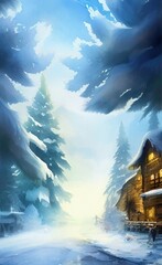 Digital watercolor painting winter snowy landscape, cold weather and northern nature, scenic illustration. Christmas mood. Print for canvas, card, greeting or textile decoration. Art background.