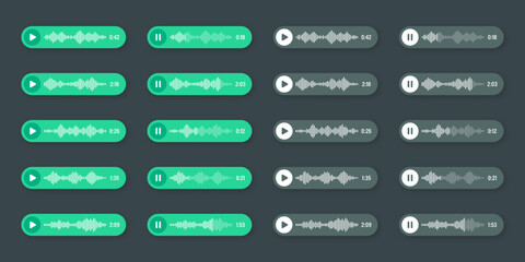 Voice, audio message, green speech bubble. SMS text frame. Social media chat or messaging app conversation. Voice assistant, recorder. Sound wave pattern. Dark mode. Vector illustration