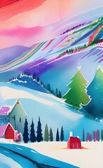 Digital watercolor painting winter snowy landscape, cold weather and northern nature, scenic illustration. Christmas mood. Print for canvas, card, greeting or textile decoration. Art background.