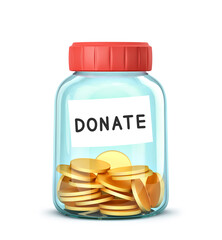 Glass jar with text on the label DONATE. Donation concept