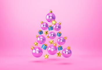 Christmas bauble balls, gift boxes, golden stars in the shape of a Christmas tree on pink background