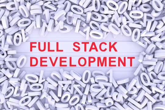 FULL STACK DEVELOPMENT with scattered binary code 3D illustration