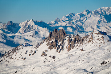 Mountain range in ski resort Trois Vallees, France - 551257725