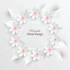 Paper flower. Round frame with abstract cut flowers. White rose. Wedding decorations. Decorative bridal bouquet.